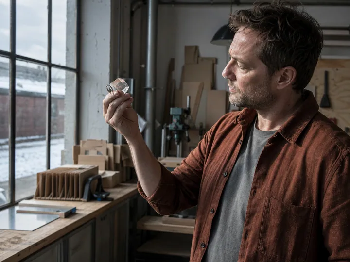 AI-generated scene of fictional buyer Lukas Reinhardt inspecting a translucent sample in a workshop