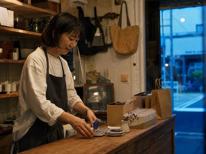 AI-generated scene of fictional buyer Aiko Morita arranging products in a small design shop