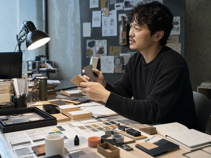 AI-generated scene of fictional developer Min-jun Park comparing material samples at a worktable
