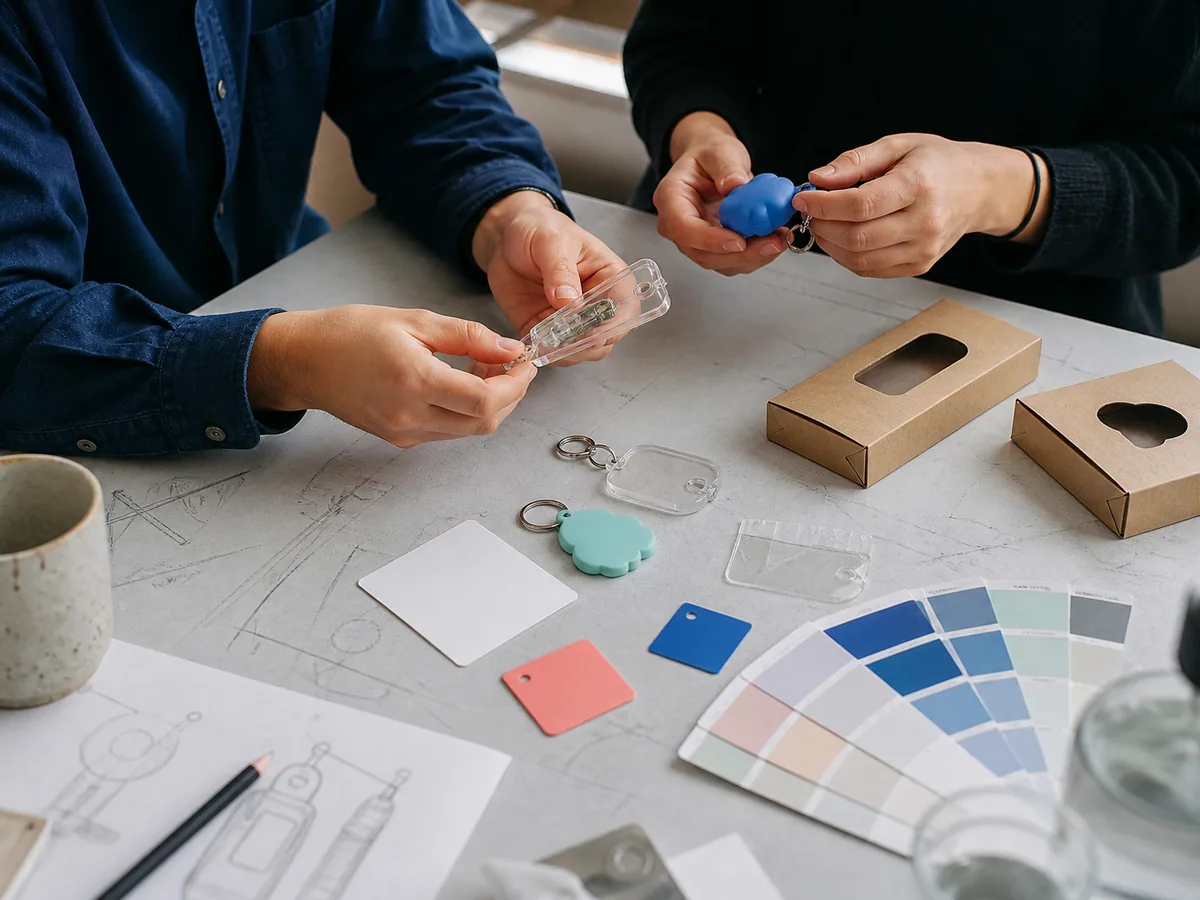 Brand team comparing custom keychain prototypes, color samples, inserts, and packaging