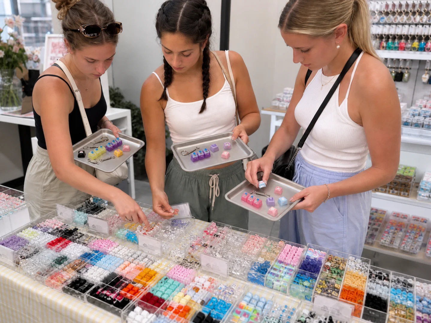 Customers selecting colorful key parts at a hands-on workshop table