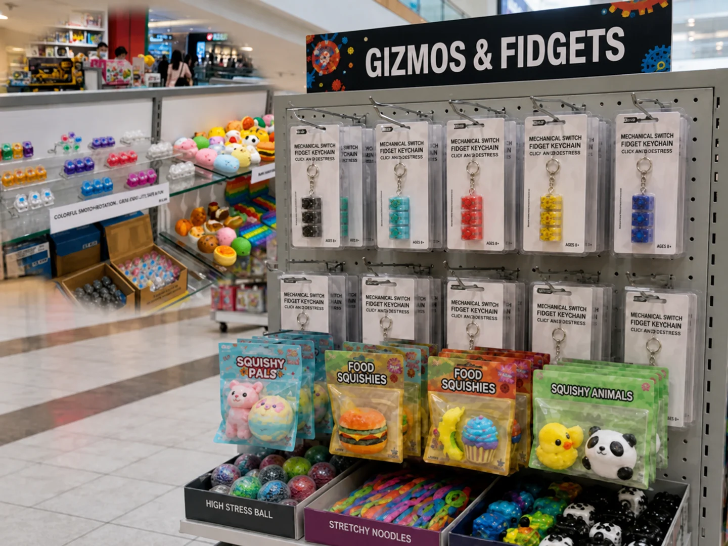 Packaged mechanical keychains displayed in a toy and fidget retail store