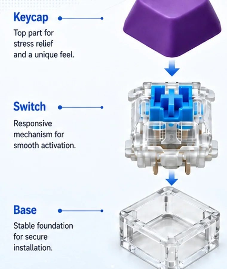 Exploded view showing the keycap, mechanical switch, and transparent base