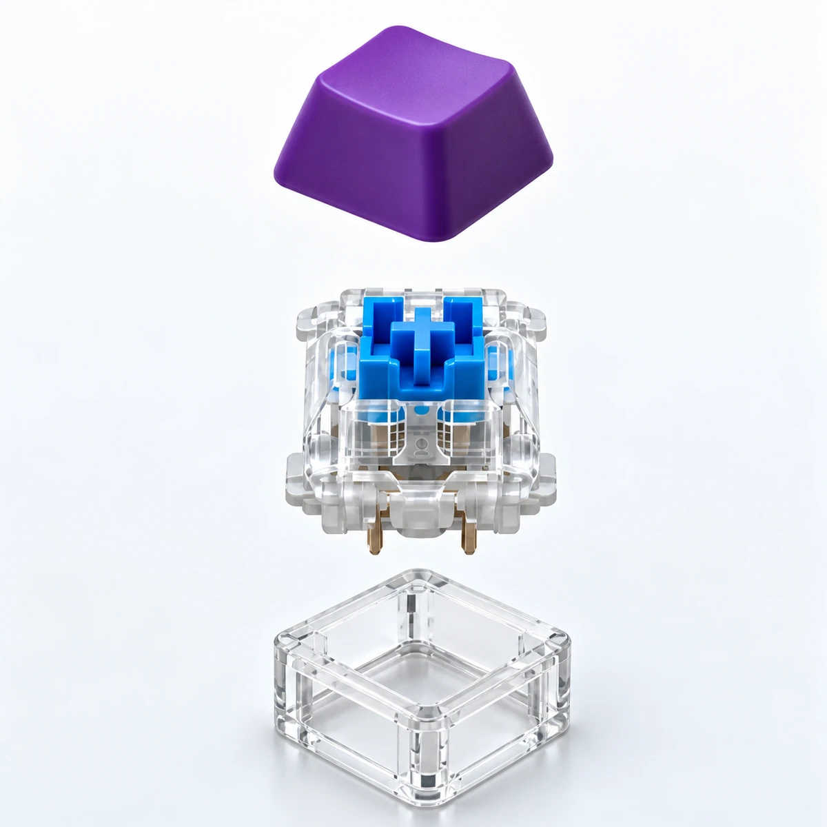 Exploded view showing the keycap, mechanical switch, and transparent base