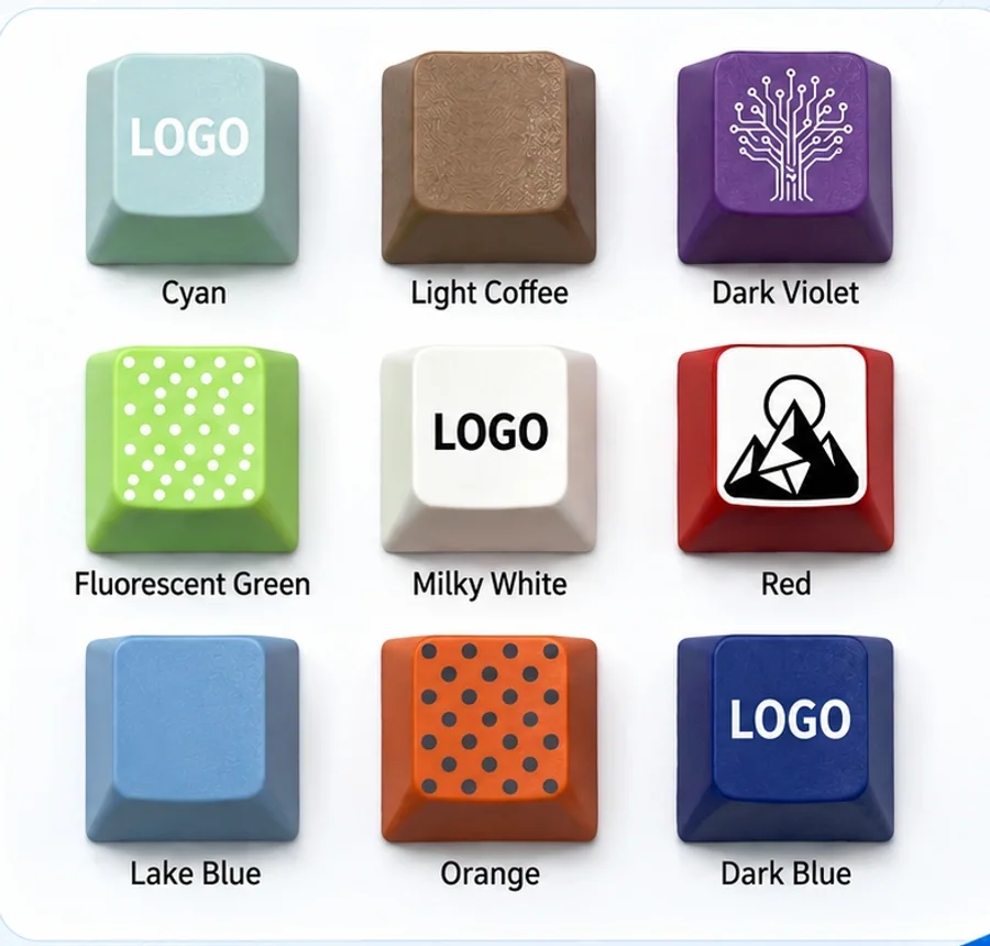 Nine customizable keycap colors and printed finish examples